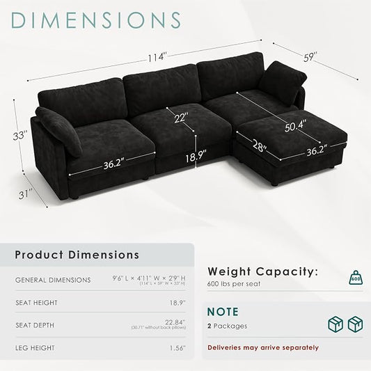 114" Cloud Couch Sectional Couches for Living Room Black | 10" High-Resilience Cloud Cushion, 36" Movable Ottoman, Plus-Size Friendly Couch, 28" Extra Deep Seat Sofa
