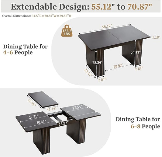 55 in–71 in Extendable Rectangular Dining Table for 4–6, Modern Farmhouse Expandable Kitchen Table with Carved Line Base, Wooden Dinner Table for Kitchen Living Room Home Office (Black)