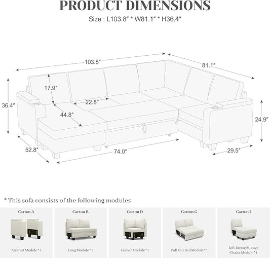 Belffin Sleeper Sofa Modular Sectional Pull Out Couch Bed U Shaped Sofa Couch for Living Room with Storage Chaise. White