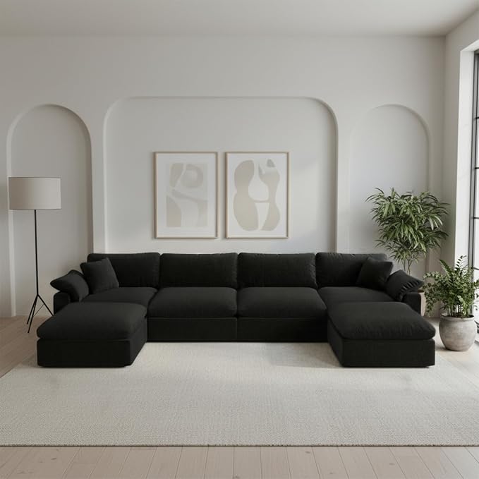 Modern Modular Sectional Sofa U-Shaped 6-Seat with Ottoman,Black-Extra Comfty Deep Seat Couch for Living Room,Apartment,Office & Small Spaces