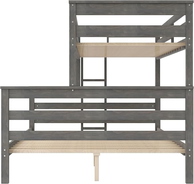 Wood Bunk Bed Twin XL Over Queen Size, Detachable Design Bunk Bed Frame with Safety Guardrail, Ladder and Sturdy Slats Support (Grey-4.21)