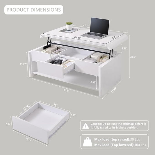 Aitjunz 47" Lift Top Coffee Table with Storage, Modern Coffee Table with Pull-Out Drawer and Two-Tier Storage, Rectangle Wood Center Table w/Curved Profile Design for Living Room, White