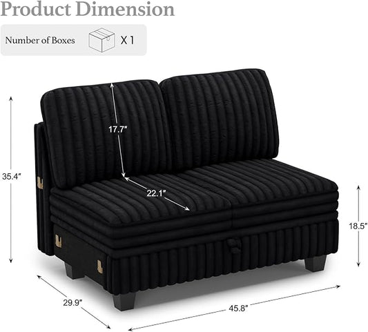 Belffin Corduroy Fabric Loveseat Module for Modular Sectional Couch for Living Room 2 Seater Modular with Storage Black Couch