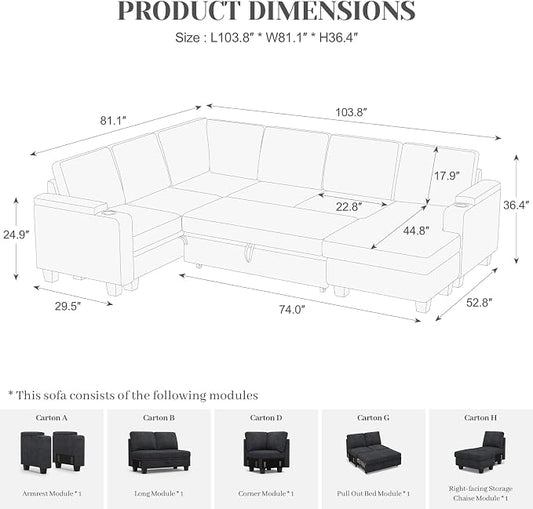 Belffin Sleeper Sofa Modular Sectional Pull Out Couch Bed U Shaped Sofa Couch for Living Room with Storage Chaise. Dark Grey