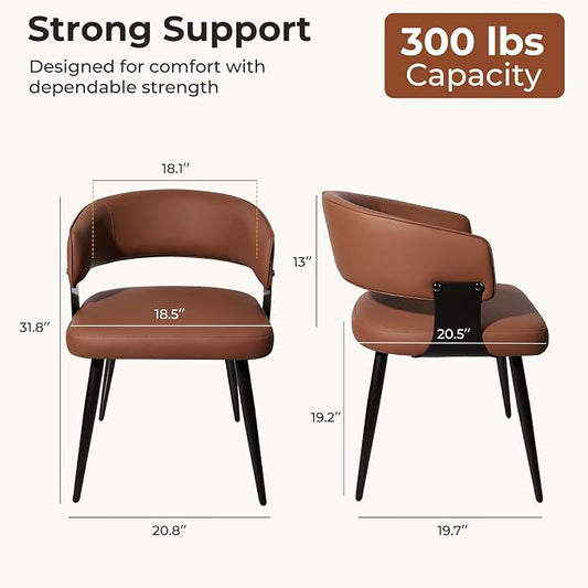 Dining Chairs Set of 2, Modern Upholstered Faux Leather Kitchen Chairs with Curved Back, Easy to Assemble & Clean for Dining Room, Restaurant, Cafe, Brown