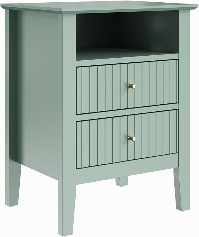 RoyalCraft Fluted Nightstand Set of 2, Colorful Nightstand with 2 Drawers, Modern Wooden End Table with Storage for Small Spaces, Side Table for Bedroom, Couch, Home Office, Milky Green