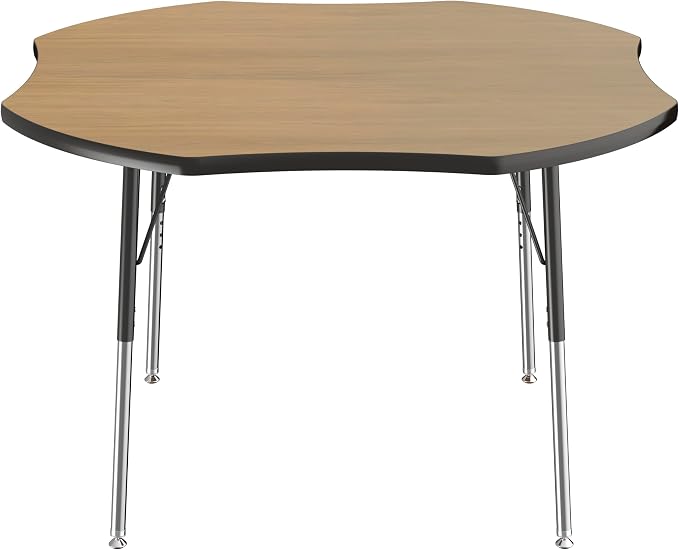 FDP Clover (48 x 48 inch) Collaborative Classroom Table with Adjustable Standard Swivel Glide Legs (19-30 in) School and Office Furniture - Pasadena Oak Top/Black Edge and Legs