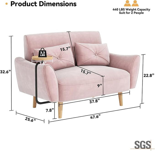 Brelice Loveseat Sofa, 47" Velvet Couch for Bedroom, Convertible Wooden Tray & Ergonomic Armrest, for Small Space, Apartment, Living Room, Home Office, Easy Assembly, Pink