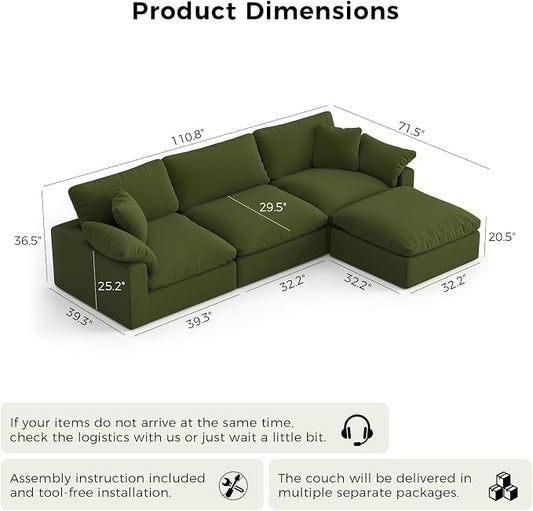 Modular Sectional Sofa Cloud Couch,Down Filled Comfy Cloud Modern Sofa,Green Linen L Shape Oversized Couch Cushion Covers Removable Furniture for Living Room