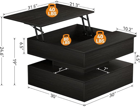 FABATO Lift Top Coffee Table with Storage and Hidden Compartment, Wood Square Coffee Table for Living Room,31.5'' Small Center Table with Open Display Shelf for Dining Reception Room, Black