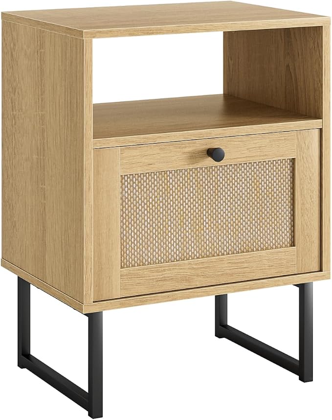 Masupu Extra Large Rattan Nightstand,Modern Boho Farmhouse Wood Bedside Table with Storage Drawer and Open Shelf, Black Frame Side End Table for Bedroom,Living Room,Office (Natural)
