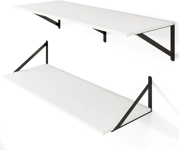 Heimlove White Deep Floating Shelves for Wall, 32W x 12D Wood Wall Shelves Set of 2, Wide Floating Bookshelf for Living Room, Kitchen, Office, Bedroom and Decor Storage, with Black Bracket - White