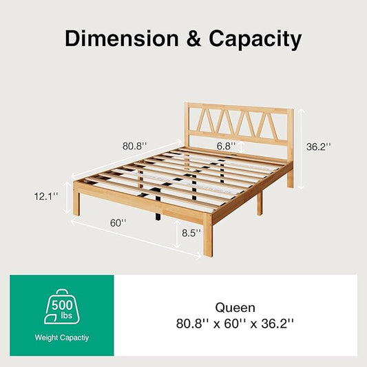 Novilla 12 Inch Queen Bed Frame with Headboard Bed Frame Queen Size Solid Wooden Bed Frame Foundation with Wood Slat Support, No Box Spring Needed, Easy Assembly, Natural Grain Wood