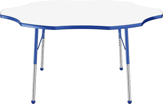 FDP Dry-Erase Flower Activity School and Office Table (60 inch), Standard Legs with Ball Glides for Collaborative Spaces, Adjustable Height 19-30 inches - Whiteboard Top, Blue Edge and Matching Legs