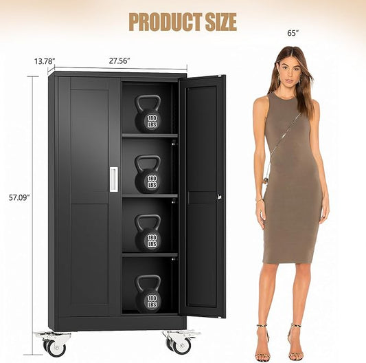 61" H Metal Pantry Storage Cabinet with Wheels,Rolling Kitchen Pantry Cabinet with 2 Doors and 3 Adjustable Shelves, Locker Steel Cabinet,Organization Cabinet for Garage,Home,Gym,School,Black