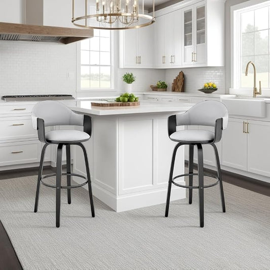 Armen Living Daxton Mid Century Modern Swivel Bar Stool for Kitchen Island Counter in Gray Faux Leather and Black Wood, 26" Seat Height