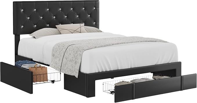 VECELO Queen Size Bed Frame with 3 Storage Drawers, Leather Upholstered with Diamond Tufted Headboard, Solid Wood Slat Support & Steel Framework, PU & Black