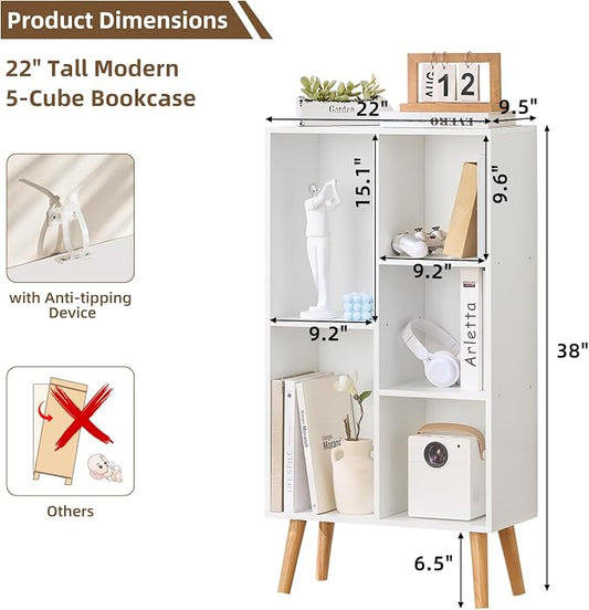 LEYAOYAO 5 Cube Bookshelf 3-Tier Bookcase with Legs,Mint White Kids Book Shelf Cute Storage Organizer,Free Standing Open Toy Shelves Wood Bookshelves,Display Bookcases for Bedroom,Living Room,Nursery
