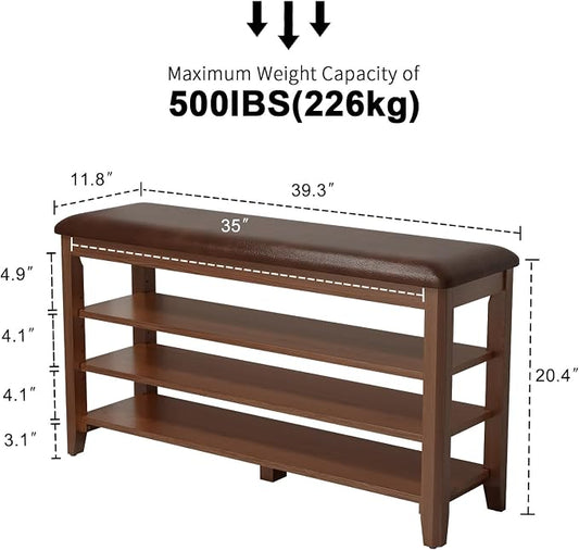 AQIMUELE Shoe Bench with Leather Cushion, 3 Tiers Shoe Storage Bench Height Adjustable, Walnut Wood Entryway Bench for Hallway, Mudroom