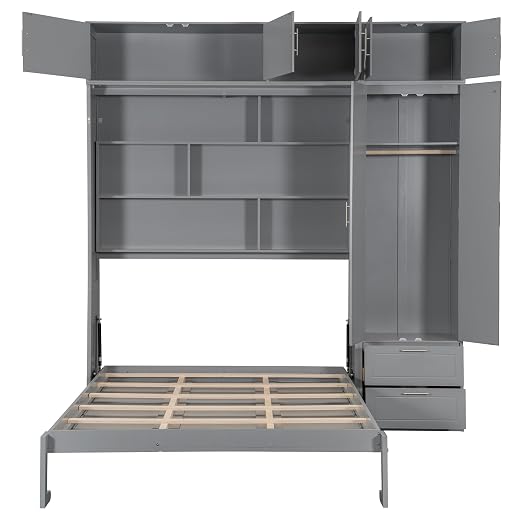 Murphy Bed Queen Size,Murphy Bed with Top Cabinet and Shelves,Space-Saving Multifunctional Hideaway Wall Foldable Bed w/Slat Support,Bedroom Folding Bedframe for Guest Room,Gray