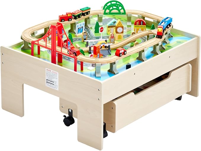 VEVOR Train Table, 100 Multicolor Pieces Wooden Kids Activity Table with Rolling Storage Drawer, 3-in-1 Wooden Train Set for Gaming, Drawing, Reading, Eating, Creative Toy Set for Kids Ages 3+