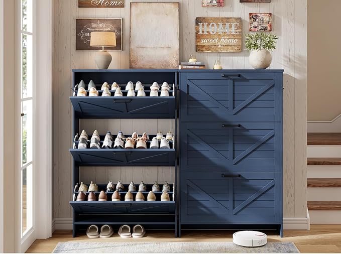 Nicetree Farmhouse Blue Shoe Cabinet – Ultra Slim 3-Drawer Flip Organizer with Shaker Barn Door Accent, 3-Tier Adjustable Shelves, and Sturdy Freestanding Frame – Space Saving