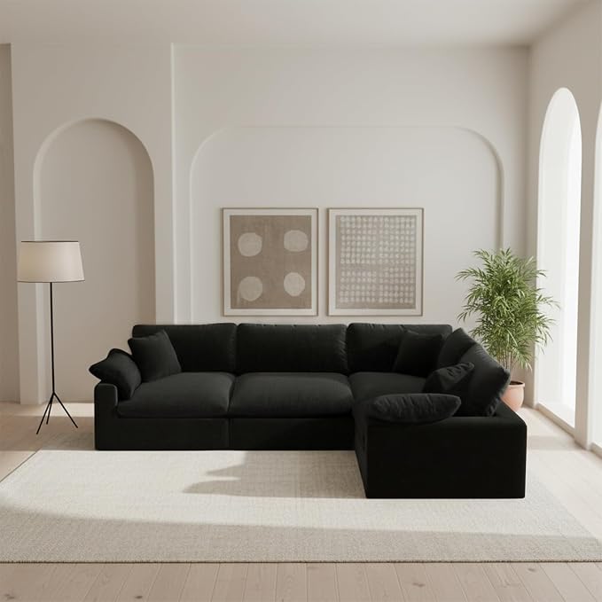 Modular Sectional Sofa, 4 Seater Cloud Couch,Down Filled Comfy Cloud Modern Sofa,Black Linen Oversized Couch Cushion Covers Removable for Living Room