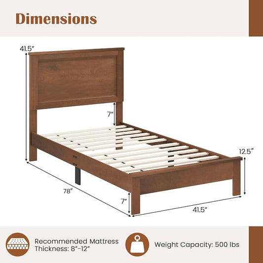 GOFLAME Twin Size Wood Bed Frame, Mid-Century Modern Platform Bed with Headboard, Solid Wood Legs, Mattress Foundation with 12 Wooden Slats, No Box Spring Needed, Walnut