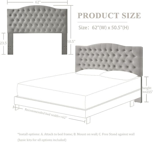 Furpopup Velvet Queen Headboard Only, Upholstered Wall Mount, Silver Gray | 2 ways to use:Wall-mounted (for adjustable bed) and bed frame mounted, Easy to assemble, Classic button design headboard