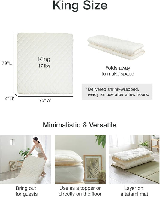 FULI Japanese Futon, King Size, White - Foldable Shikibuton Floor Bed - Medium Firm Quilted Cotton Sleeping Pad, Portable Roll-Up Japanese Floor Bed for Guests & Small Spaces