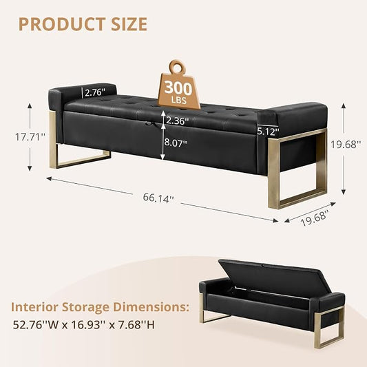 67'' End of Bed Storage Bench, Storage Ottoman Bench for Bedroom King Size, Modern Faux Leather Benches for Foot of Bed with Gold Legs for Window Living Room Entryway, Black