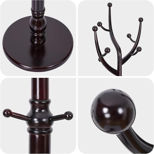 Bekrvio Tree Coat Rack Freestanding with Round Base, Red Brown | Unique Coat Hanger Stand, Heavy Duty Standing Coat Rack, For Jacket, Hat, Bags For Entryway / Hallway / Bedroom