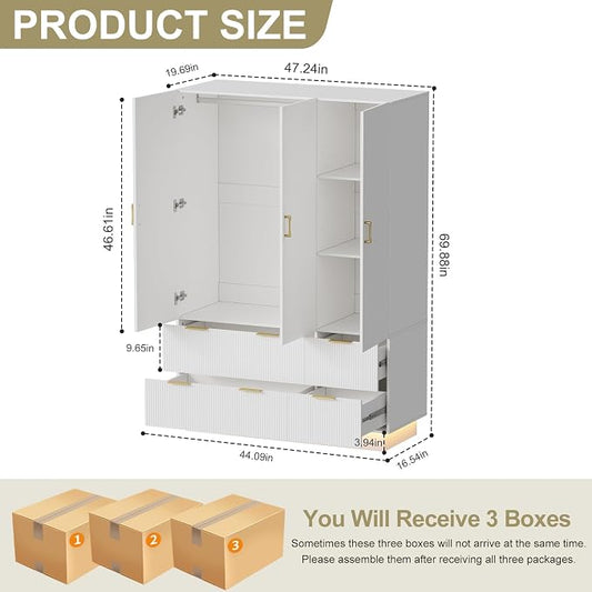 PAKASEPT Armoire Wardrobe Closet with 3 Door, Mirror, LED Lights | Hanging Rod, Drawers, Bedroom Armoires - Large Capacity Storage Wardrobe Armoire for Bedroom