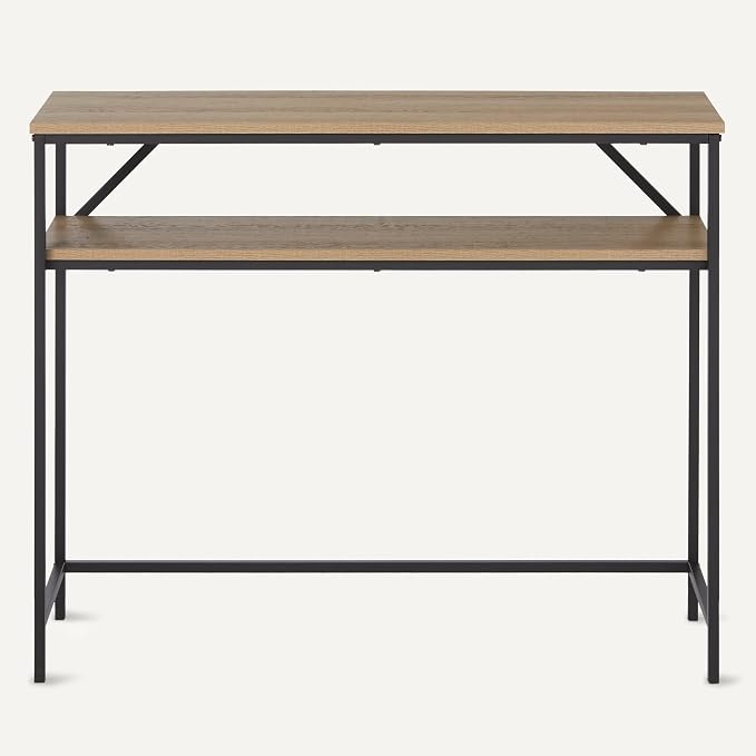 Amazon Basics Rectangular Console Table with Storage Shelf, Steel Frame, Oak Finish, 39.4"W x 31.5"H x 11.8"D