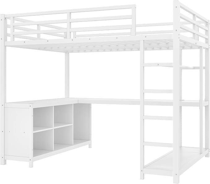 Bellemave Full Size loft Bed with L Desk, Wardrobe, Metal Full Loft Bed Frame for Adults, Kids, Teens, White