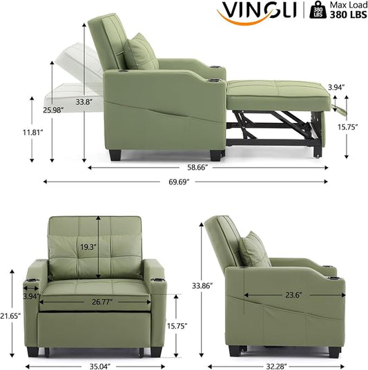 VINGLI Sofa Bed Chair Recliner, 3-in-1 Convertible Sleeper Sofa Chair Bed Green Daybed Pull Out Couch with Adjustable Backrest, USB Ports, Cup Holders for Small Spaces Living Room
