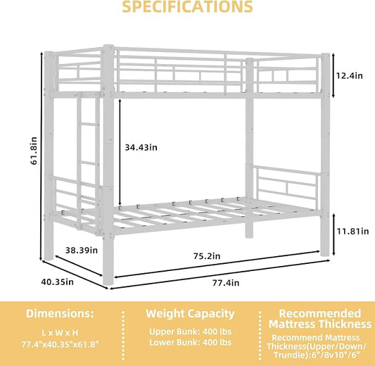 Bunk Bed Twin Over Twin, Metal Bunk Bed with Side Ladder and Safety Guardrail, Space-Saving Twin Bunk Beds for Kids, Teens & Adults, No Box Spring (Side Laddder, White)