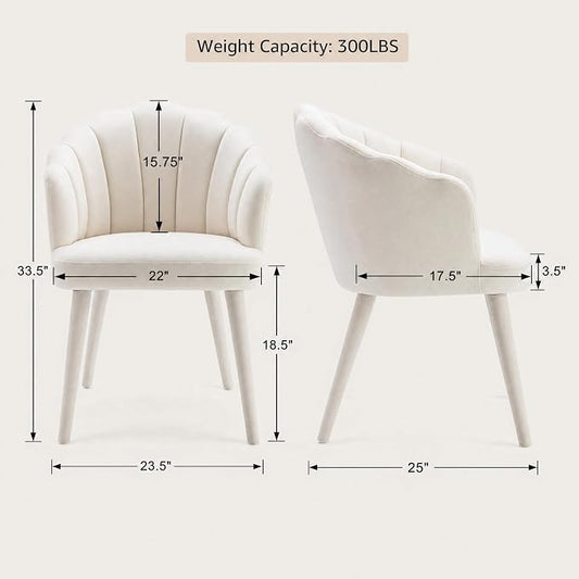 Hyfirm Velvet Dining Chairs Set of 6, Upholstered Modern Kitchen Dining Chairs with Petal Back & Fabric Covered Wooden Legs, Comfy Accent Armchairs for Bedroom/Kitchen/Vanity, Cream