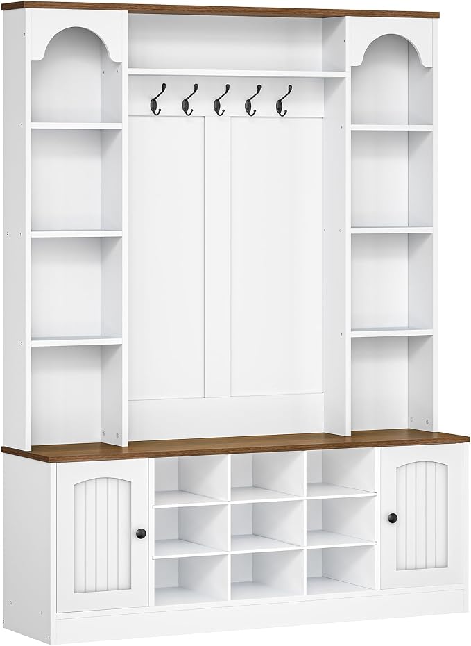HOOBRO Hall Tree with Bench and Shoe Storage, 51" Entryway Bench with Coat Rack, Farmhouse Entryway Organizer with 5 Hooks, 8 Open Compartments, 9 Shoe Cubbies, for Hallway, White and Walnut WH180MT01