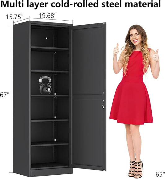 Tall Narrow Slim Metal Storage Cabinet with Lock and 5 Adjustable Shelves,Steel File Cabinets,Kitchen Pantry Cabinet Locker Organizer - 67" Storage Cabinets for Bathroom,Bedroom,Office,Black