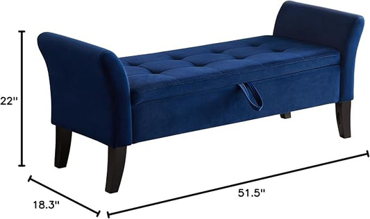 Furniliving Storage Ottoman Bench, Velvet Benches End of Bed Bench with Solid Wood Legs Upholstered Ottoman with Storage Indoor Bench for Living Room with Rolled Arm, Entryway, NavyBlue