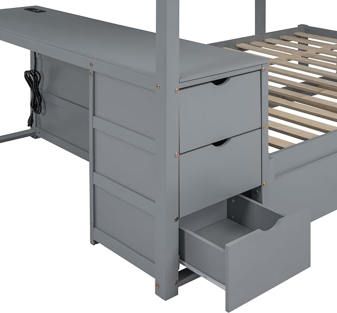 Harper & Bright Designs Full Over Full Bunk Bed with Twin Size Trundle, Wood Full Bunk Bed with USB Ports, Storage and Desk, Gray