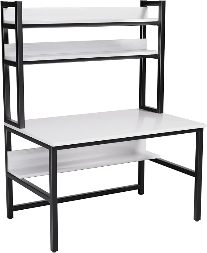 Aquzee Computer Desk with Shelves, 47" W x 23.6" D Gaming Desk with Hutch and Bookshelf, White Study Table for Bedroom Space Saving with 3 Tier Storage Shelf, Home Office Desk for Writing Work