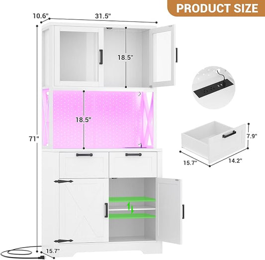 Unikito 71" Pantry Cabinet with LED Light & Outlet, Tall Kitchen Pantry Storage Cabinet with Microwave Stand, DIY Pegboard, Drawers and Adjustable Shelf, Farmhouse Kitchen Hutch for Dining Room, White