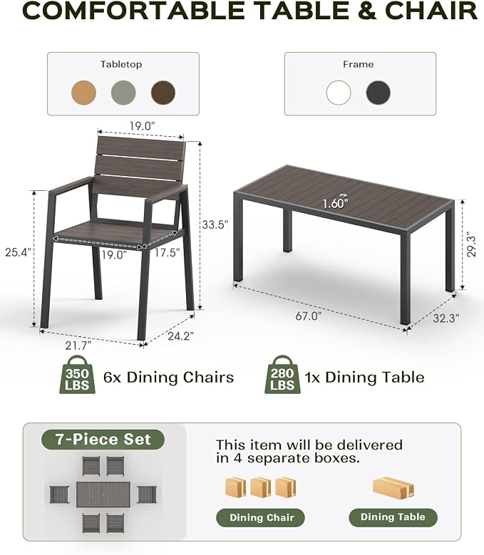 Vexwalx 7-Piece Outdoor Dining Set, Aluminum Dining Table Set for 6, Patio Table and Chairs Set with Umbrella Hole, All Weather HDPS Outdoor Table and Chairs for 6 (Charcoal)
