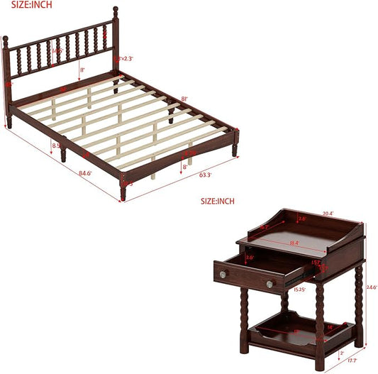 Walnut 3 Pieces Queen Bedroom Set, Vintage Platform Bed Frame Queen Size with 2 Nightstand, Wood Traditional Bedframe with Spindle Headboard, No Box Spring Required (Walnut, Queen)
