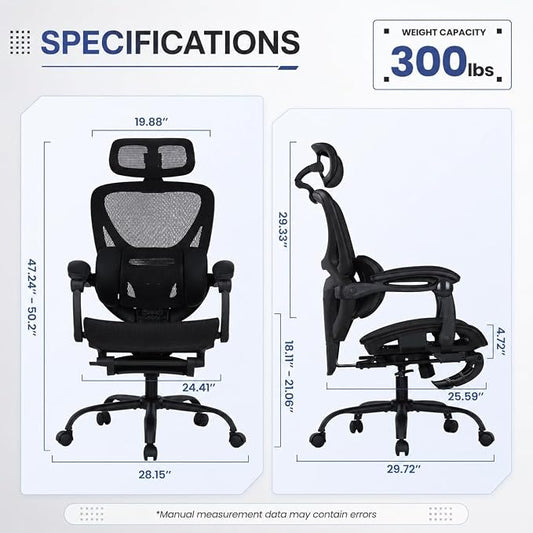 MALOL Ergonomic Mesh Office Chair with Footrest, High Back Desk Chair with 5-Level Adjustable Lumbar Support, 3D Headrest, 130° Reclining Backrest, Adaptive Armrests, Home Office Computer Chair, Black