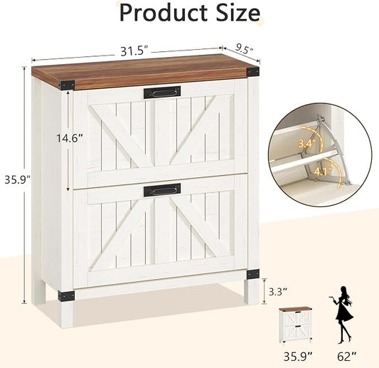 YOMILUVE Shoe Cabinet with 2 Flip Drawers, Farmhouse Shoe Storage Cabinet for Entryway, Slim Shoe Rack Freestanding Shoe Organizer with Barn Door, Brown and White