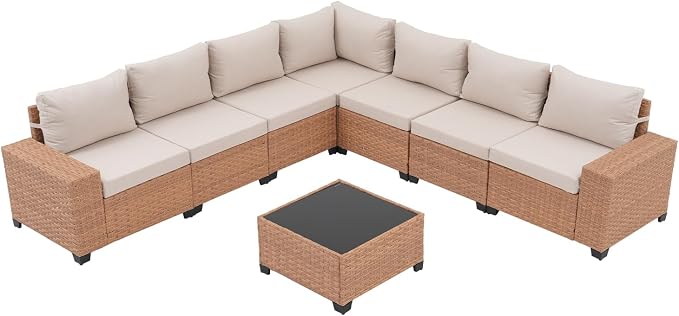 SUNSITT 8-Piece Patio Furniture Set, Outdoor Wicker Modular Sectional Sofa with 7.7-inch Wide Armrests & Thick Comfy Cushions, Glass Top Coffee Table, Rattan Conversation Set, Natural Color