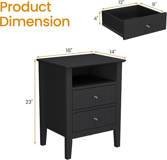 RoyalCraft Black Fluted Nightstand with 2 Drawers, Colorful Nightstand for Bedroom, Modern Wooden End Table with Storage for Small Spaces, Tall Side Sofa Table for Couch, Home Office